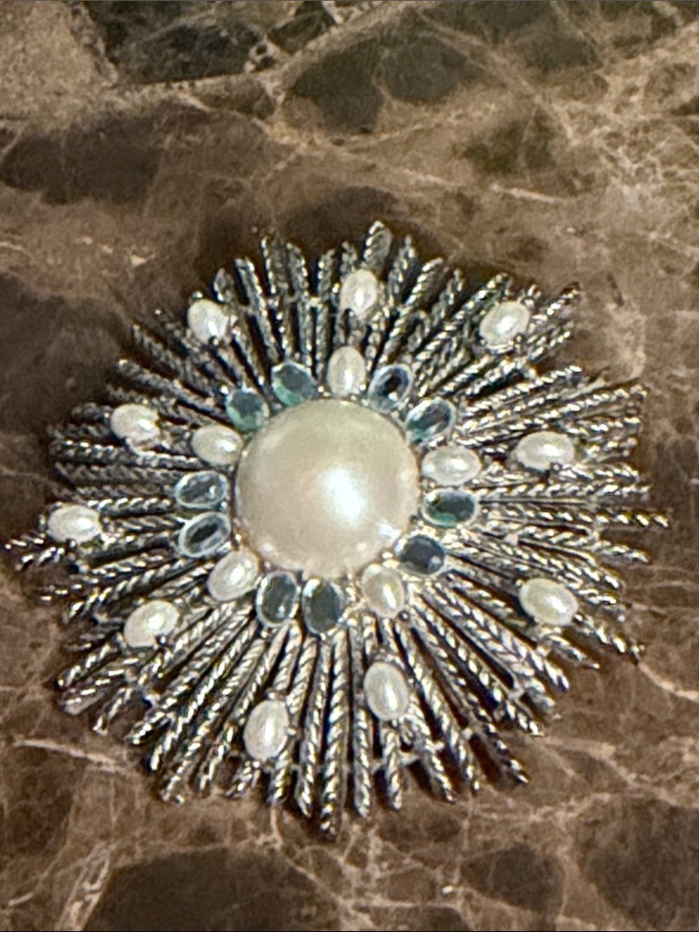 Talbots sunburst silver tone with white pearls and lice blue crystals large